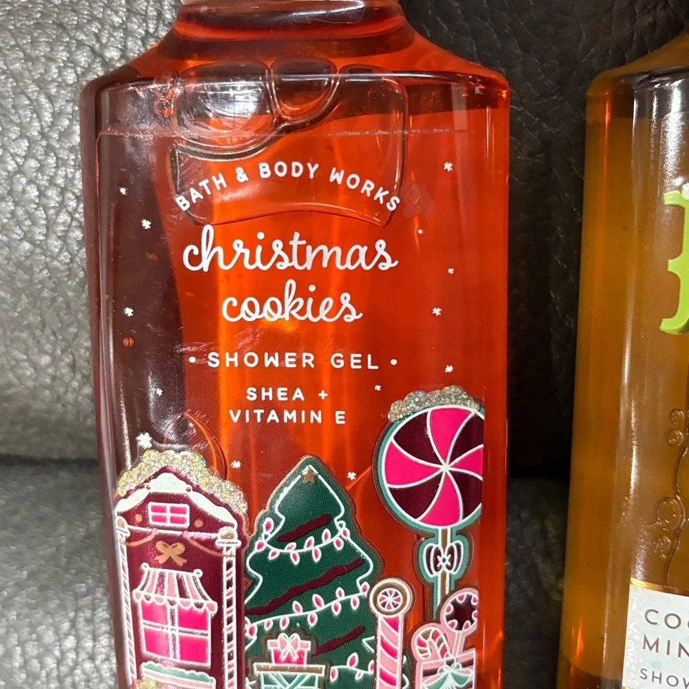 Bath and body holiday shower gels in Christmas cookies and coconut mint drop